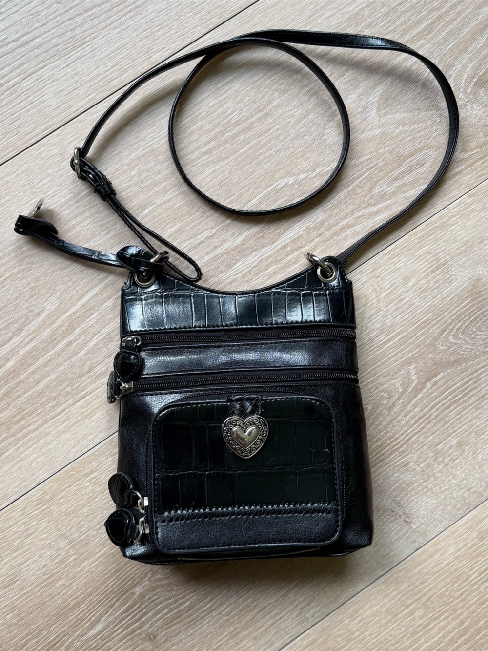 Brighton Black Croc-Embossed Crossbody with Silver Heart Accent